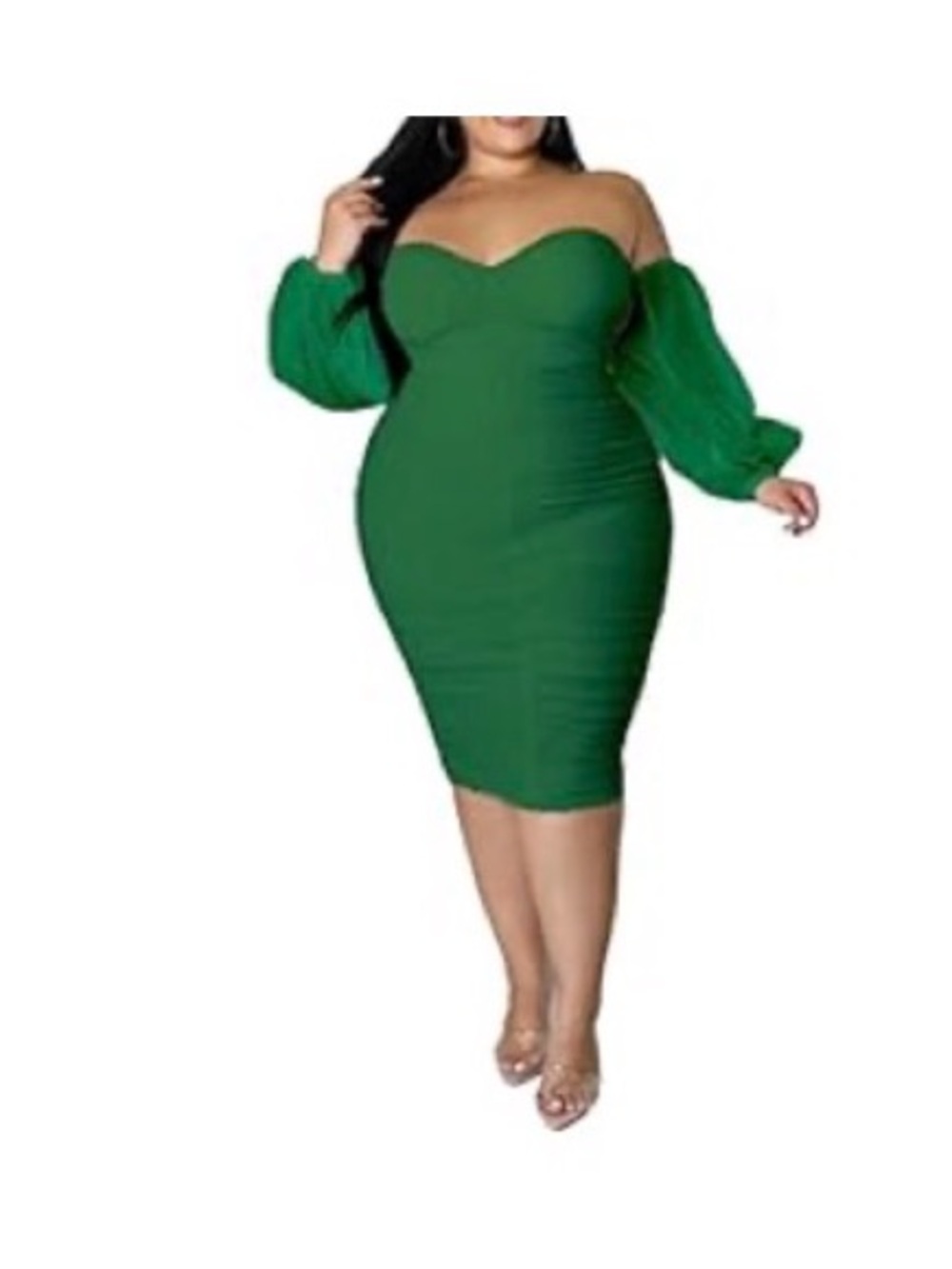 Green Ruched Off-Shoulder Midi Dress